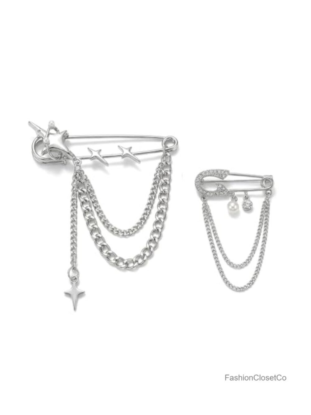 2Pc Safety Pin Brooch Set Silver Star Chain Rhinestone Pearl Lapel Pins Y2K Goth